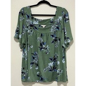 Lucky Brand Top Womens XXL Green Floral Bell Sleeve Boho Flowy Popover Stretch